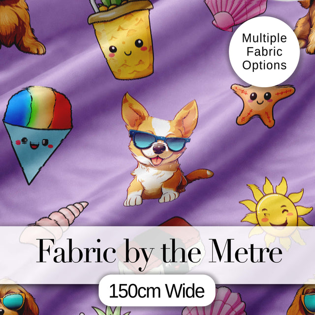 Summer Chihuahua Dog Sunglasses Kawaii Beach  Purple  Seamless Pattern Digital Print Fabric by the Metre UK Sewing Quilting Textile