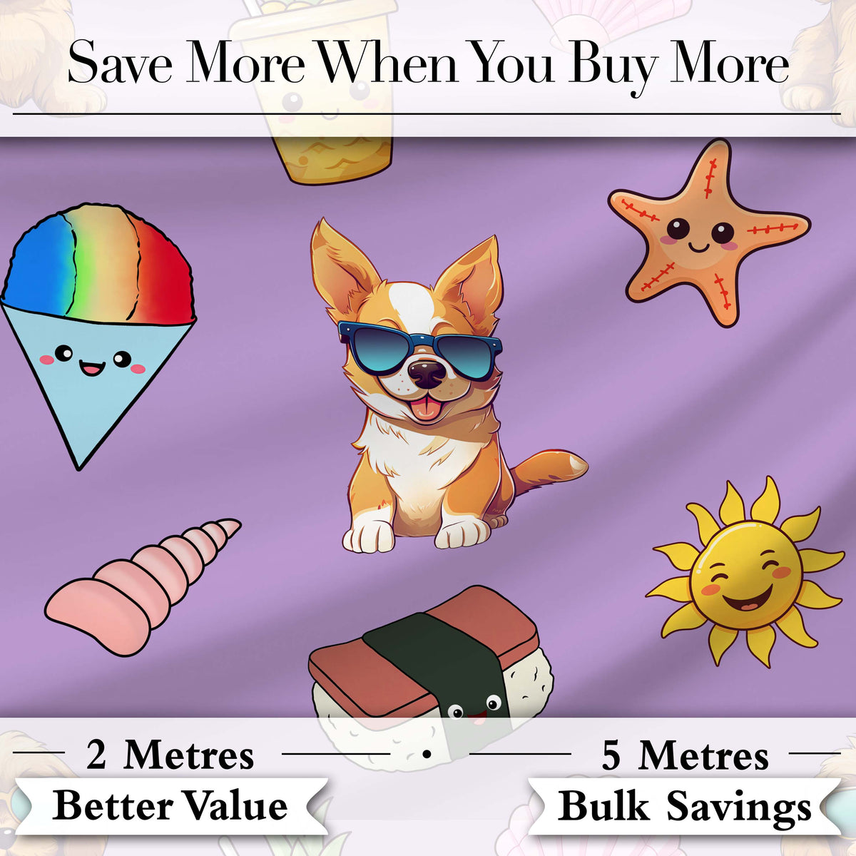 Summer Chihuahua Dog Sunglasses Kawaii Beach  Purple  Seamless Pattern Digital Print Fabric by the Metre UK Sewing Quilting Textile