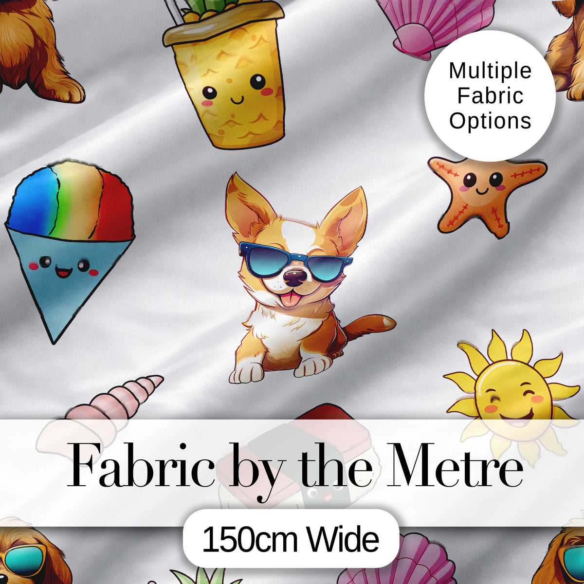 Summer Chihuahua Dog Sunglasses Kawaii Beach  Grey  Seamless Pattern Digital Print Fabric by the Metre UK Sewing Quilting Textile