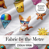 Summer Chihuahua Dog Sunglasses Kawaii Beach  Grey  Seamless Pattern Digital Print Fabric by the Metre UK Sewing Quilting Textile
