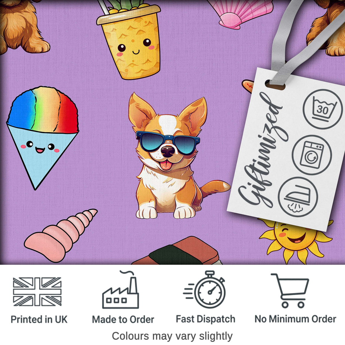 Summer Chihuahua Dog Sunglasses Kawaii Beach  Grey  Seamless Pattern Digital Print Fabric by the Metre UK Sewing Quilting Textile