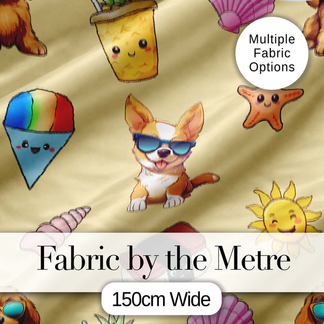Summer Chihuahua Dog Sunglasses Kawaii Beach  Beige  Seamless Pattern Digital Print Fabric by the Metre UK Sewing Quilting Textile