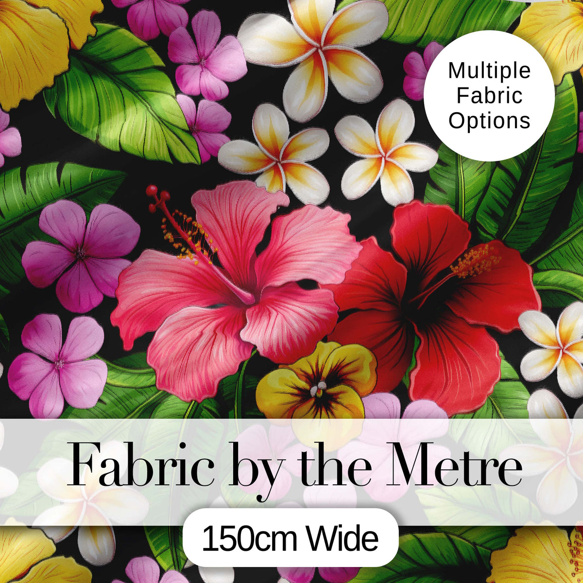 Tropical Hibiscus Flowers Plumeria Leaves Exotic Floral Seamless Pattern Digital Print Fabric by the Metre UK Sewing Quilting Textile
