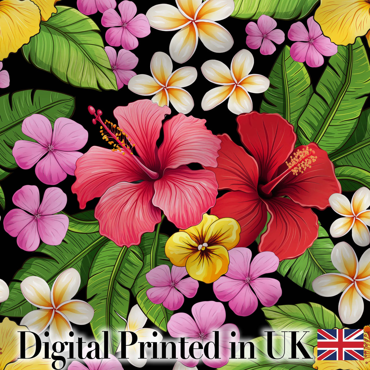Tropical Hibiscus Flowers Plumeria Leaves Exotic Floral Seamless Pattern Digital Print Fabric by the Metre UK Sewing Quilting Textile