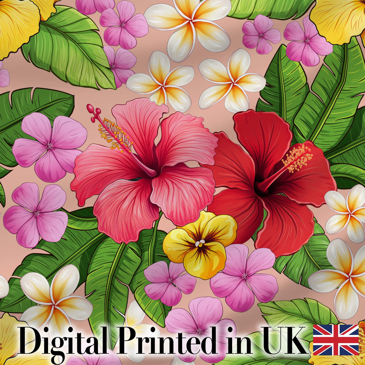 Tropical Hibiscus Flowers Plumeria Leaves Exotic Floral Beige  Seamless Pattern Digital Print Fabric by the Metre UK Sewing Quilting Textile