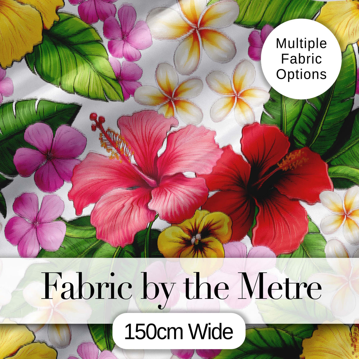 Tropical Hibiscus Flowers Plumeria Leaves Exotic Floral White  Seamless Pattern Digital Print Fabric by the Metre UK Sewing Quilting Textile