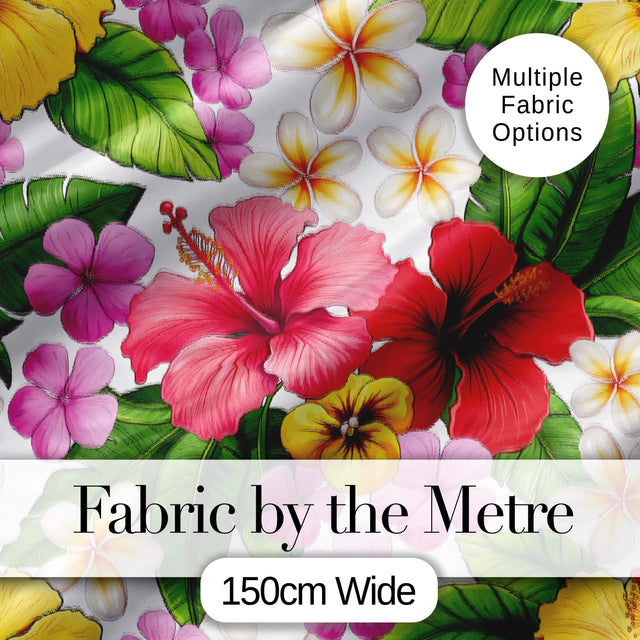 Tropical Hibiscus Flowers Plumeria Leaves Exotic Floral White  Seamless Pattern Digital Print Fabric by the Metre UK Sewing Quilting Textile
