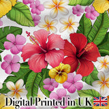 Tropical Hibiscus Flowers Plumeria Leaves Exotic Floral White  Seamless Pattern Digital Print Fabric by the Metre UK Sewing Quilting Textile