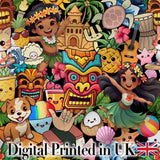 Cute Hawaiian Kids Tiki Mask Pineapple Beach Fun Seamless Pattern Digital Print Fabric by the Metre UK Sewing Quilting Textile