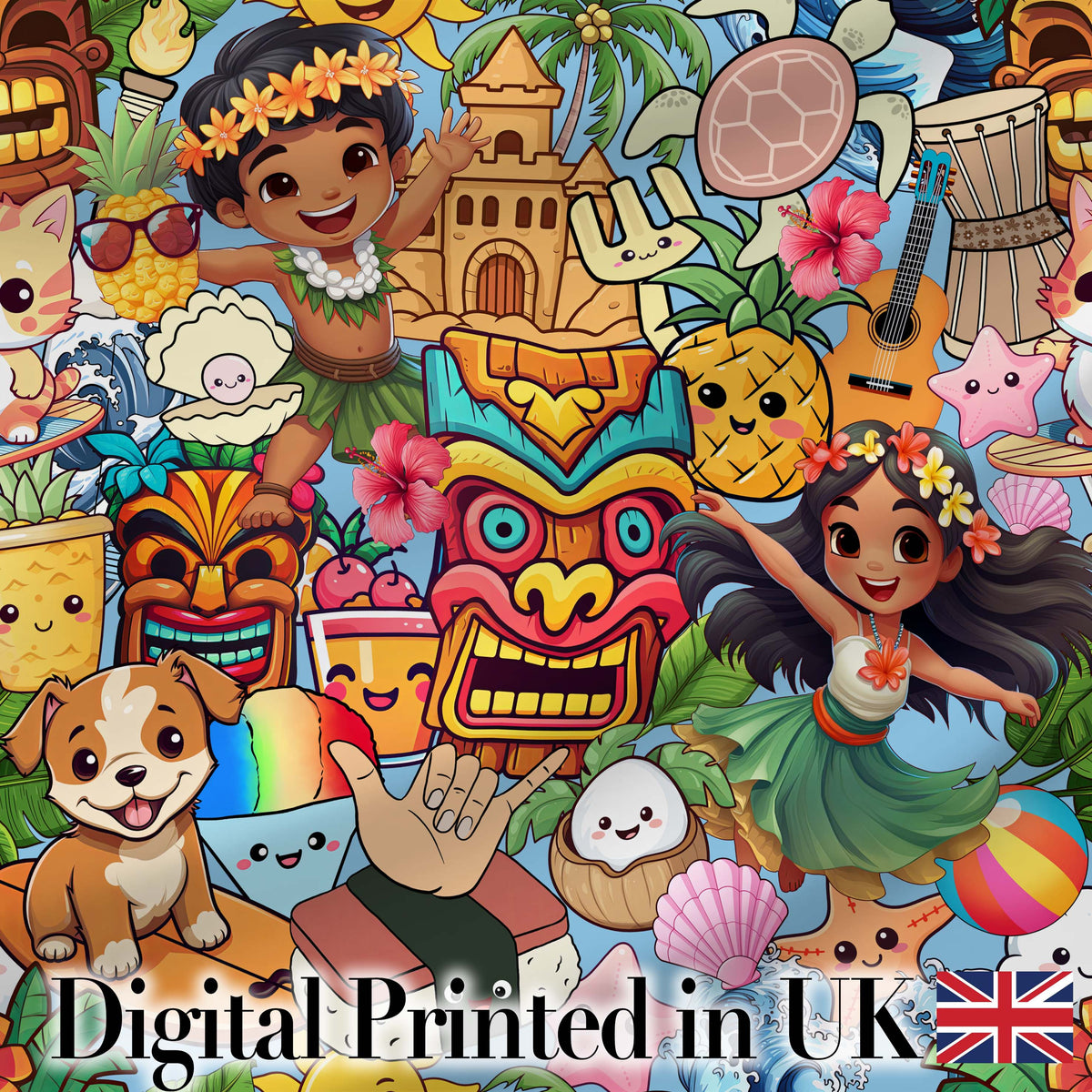 Cute Hawaiian Kids Tiki Mask Pineapple Blue Background Seamless Pattern Digital Print Fabric by the Metre UK Sewing Quilting Textile
