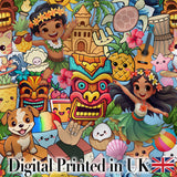 Cute Hawaiian Kids Tiki Mask Pineapple Blue Background Seamless Pattern Digital Print Fabric by the Metre UK Sewing Quilting Textile