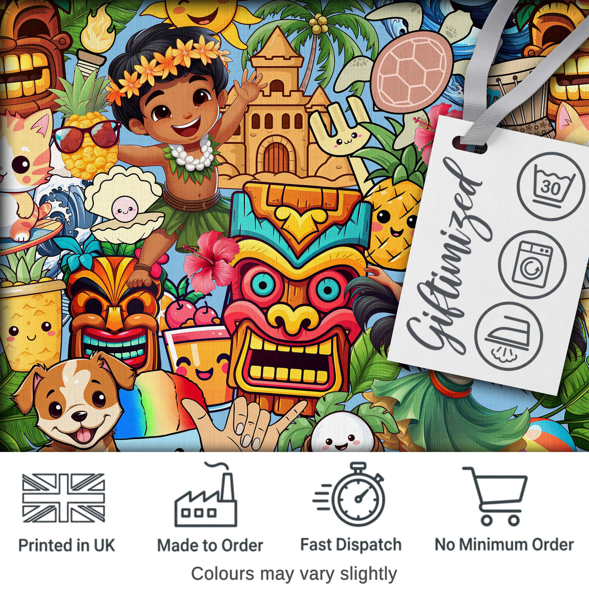 Cute Hawaiian Kids Tiki Mask Pineapple Blue Background Seamless Pattern Digital Print Fabric by the Metre UK Sewing Quilting Textile