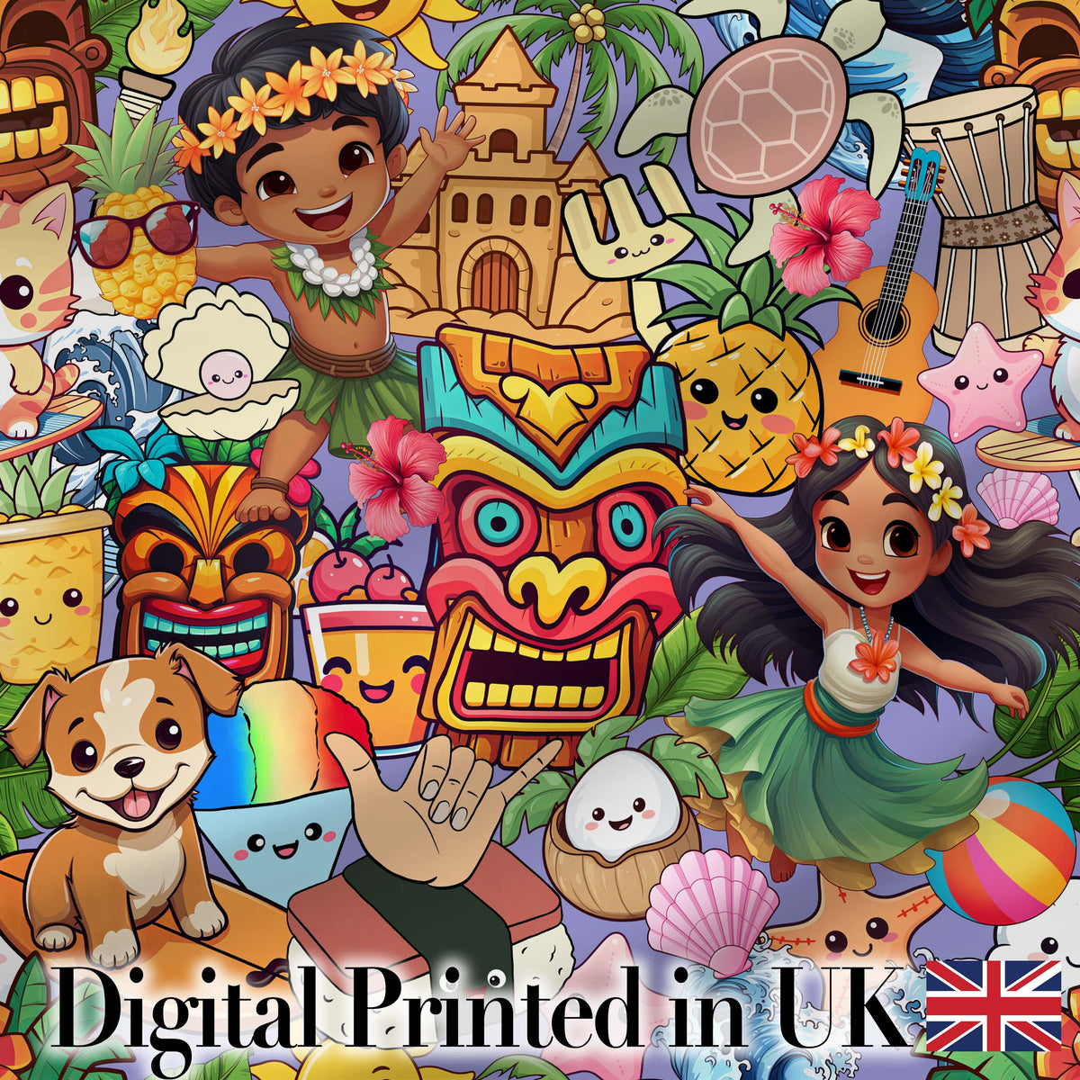 Cute Hawaiian Kids Tiki Mask Pineapple Seamless Pattern Digital Print Fabric by the Metre UK Sewing Quilting Textile