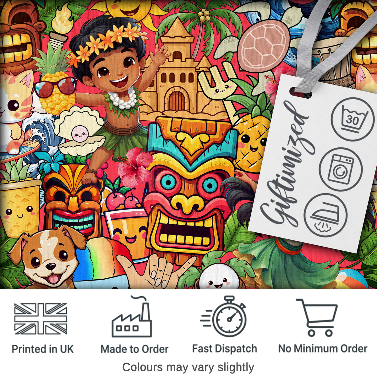 Hawaiian Kids Tiki Mask Pineapple Beach Fun Red  Seamless Pattern Digital Print Fabric by the Metre UK Sewing Quilting Textile