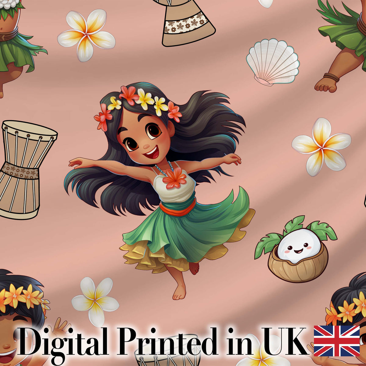 Cute Hawaiian Girl Hula Dance Coconut Shell Beige Background Seamless Pattern Digital Print Fabric by the Metre UK Sewing Quilting Textile
