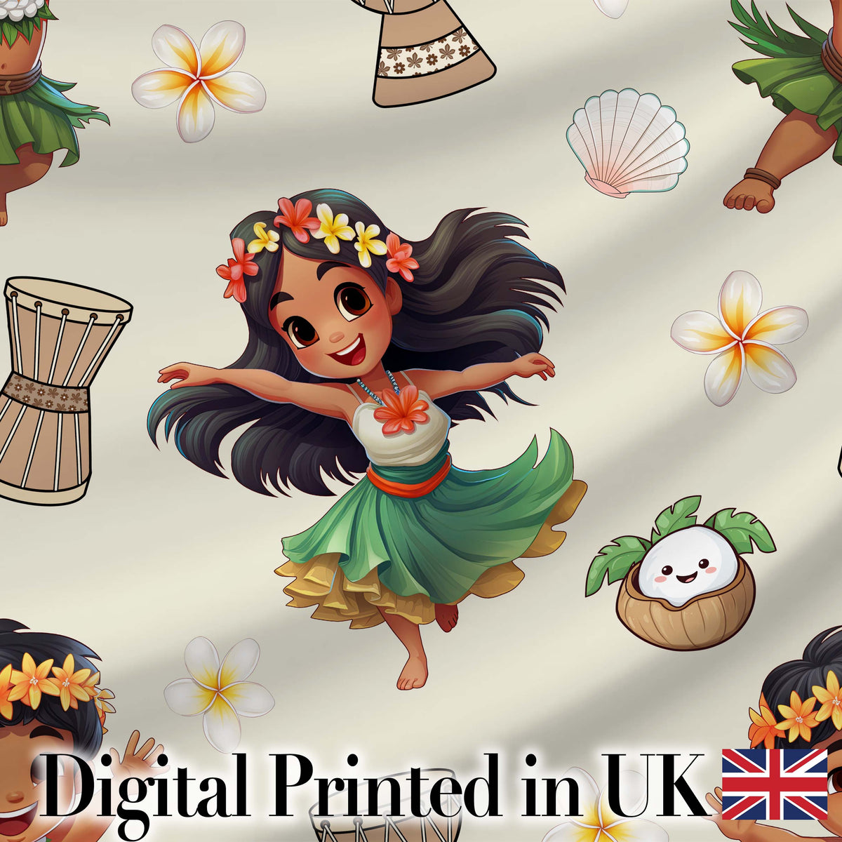 Cute Hawaiian Girl Hula Dance Coconut Shell Cream Background Seamless Pattern Digital Print Fabric by the Metre UK Sewing Quilting Textile