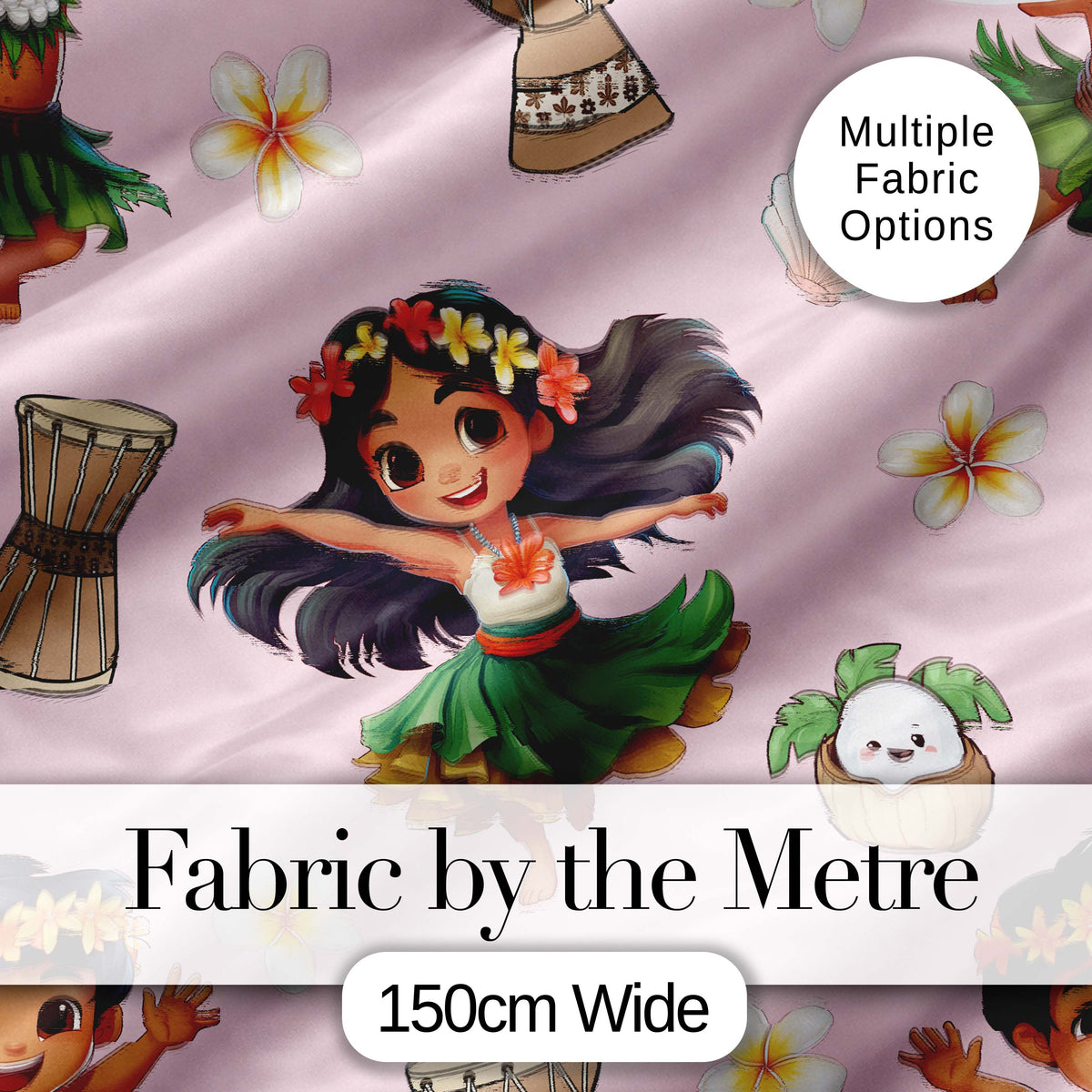 Cute Hawaiian Girl Hula Dance Coconut Shell Pink Background Seamless Pattern Digital Print Fabric by the Metre UK Sewing Quilting Textile