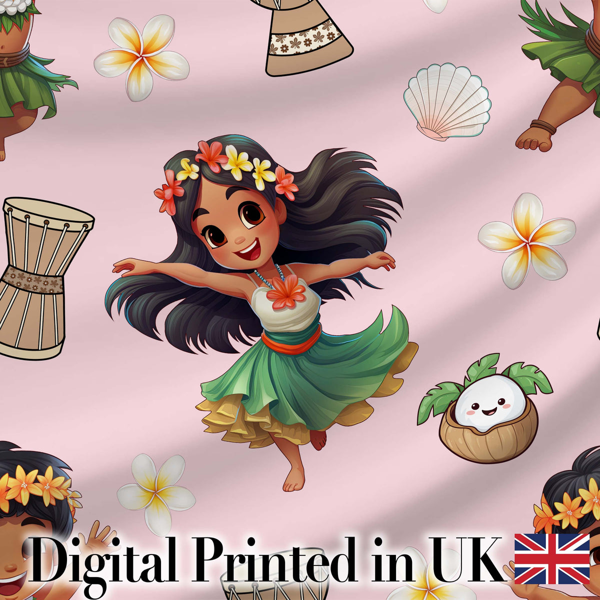 Cute Hawaiian Girl Hula Dance Coconut Shell Pink Background Seamless Pattern Digital Print Fabric by the Metre UK Sewing Quilting Textile