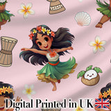 Cute Hawaiian Girl Hula Dance Coconut Shell Pink Background Seamless Pattern Digital Print Fabric by the Metre UK Sewing Quilting Textile
