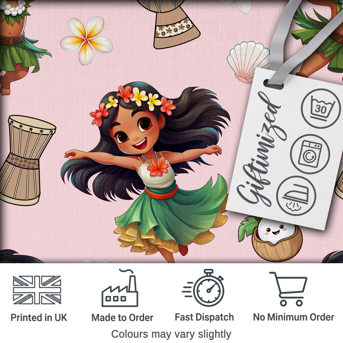 Cute Hawaiian Girl Hula Dance Coconut Shell Pink Background Seamless Pattern Digital Print Fabric by the Metre UK Sewing Quilting Textile