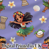 Cute Hawaiian Girl Hula Dance Coconut Shell Purple Background Seamless Pattern Digital Print Fabric by the Metre UK Sewing Quilting Textile
