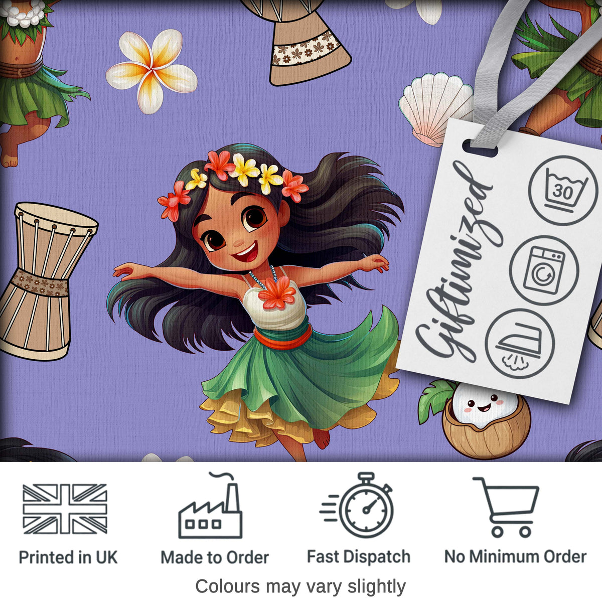 Cute Hawaiian Girl Hula Dance Coconut Shell Purple Background Seamless Pattern Digital Print Fabric by the Metre UK Sewing Quilting Textile
