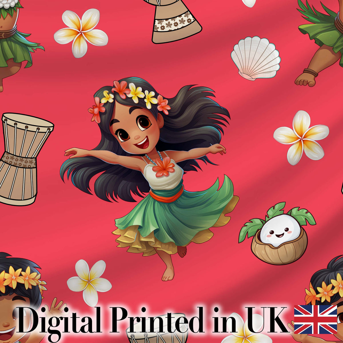 Cute Hawaiian Girl Hula Dance Coconut Shell Red Background Seamless Pattern Digital Print Fabric by the Metre UK Sewing Quilting Textile
