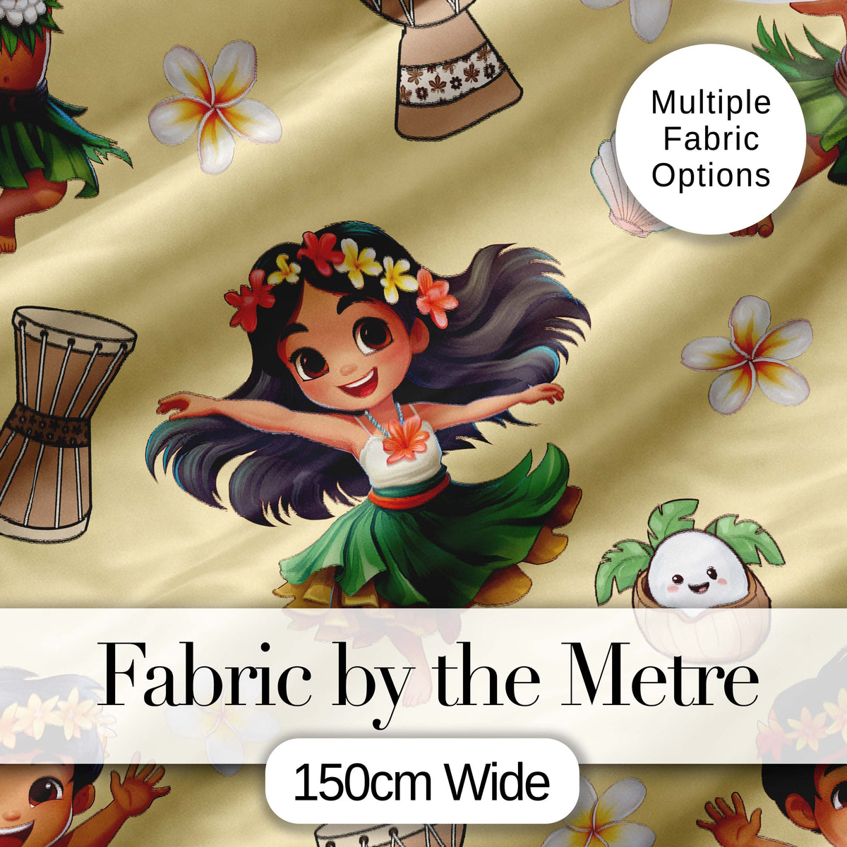 Cute Hawaiian Girl Hula Dance Coconut Shell Yellow Background Seamless Pattern Digital Print Fabric by the Metre UK Sewing Quilting Textile