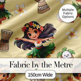 Cute Hawaiian Girl Hula Dance Coconut Shell Yellow Background Seamless Pattern Digital Print Fabric by the Metre UK Sewing Quilting Textile