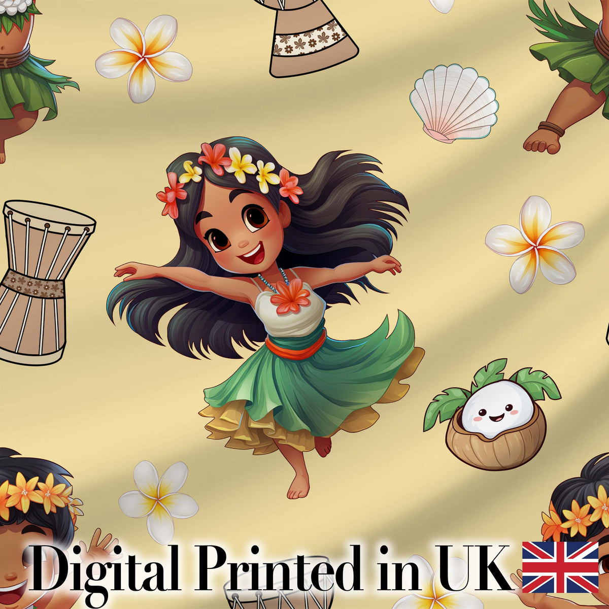 Cute Hawaiian Girl Hula Dance Coconut Shell Yellow Background Seamless Pattern Digital Print Fabric by the Metre UK Sewing Quilting Textile