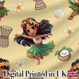 Cute Hawaiian Girl Hula Dance Coconut Shell Yellow Background Seamless Pattern Digital Print Fabric by the Metre UK Sewing Quilting Textile