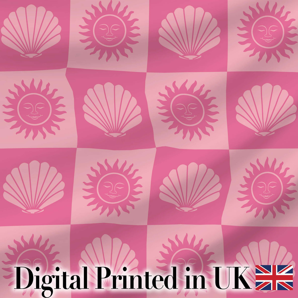 Boho Sun and Seashell Checkerboard Pink Tones Background Seamless Pattern Digital Print Fabric by the Metre UK Sewing Quilting Textile