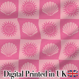 Boho Sun and Seashell Checkerboard Pink Tones Background Seamless Pattern Digital Print Fabric by the Metre UK Sewing Quilting Textile