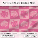 Boho Sun and Seashell Checkerboard Pink Tones Background Seamless Pattern Digital Print Fabric by the Metre UK Sewing Quilting Textile