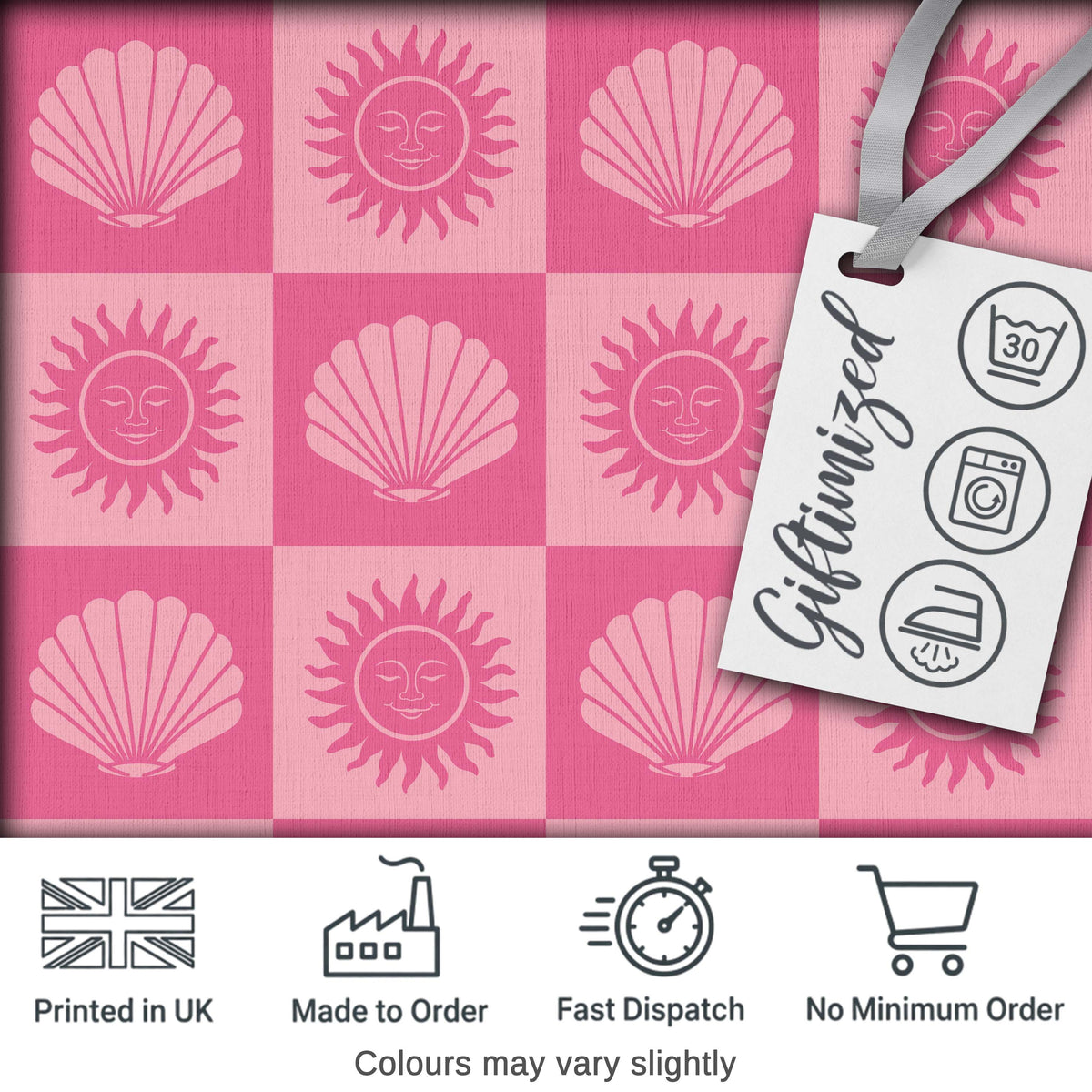 Boho Sun and Seashell Checkerboard Pink Tones Background Seamless Pattern Digital Print Fabric by the Metre UK Sewing Quilting Textile