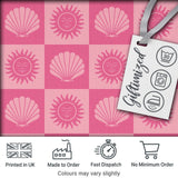 Boho Sun and Seashell Checkerboard Pink Tones Background Seamless Pattern Digital Print Fabric by the Metre UK Sewing Quilting Textile