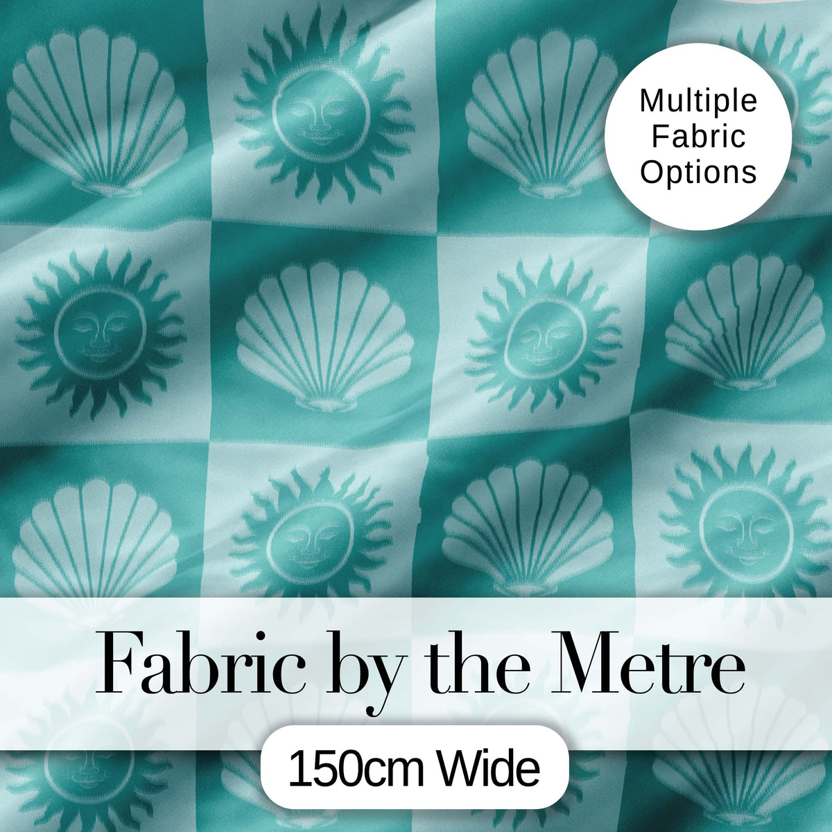 Teal Sun and Seashell Checkerboard Coastal Style Seamless Pattern Digital Print Fabric by the Metre UK Sewing Quilting Textile