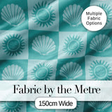 Teal Sun and Seashell Checkerboard Coastal Style Seamless Pattern Digital Print Fabric by the Metre UK Sewing Quilting Textile