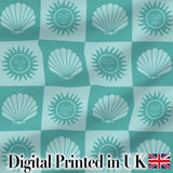 Teal Sun and Seashell Checkerboard Coastal Style Seamless Pattern Digital Print Fabric by the Metre UK Sewing Quilting Textile