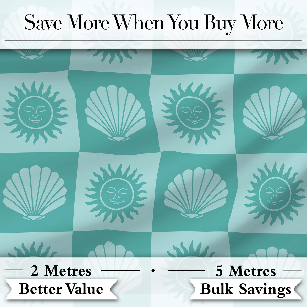 Teal Sun and Seashell Checkerboard Coastal Style Seamless Pattern Digital Print Fabric by the Metre UK Sewing Quilting Textile