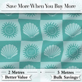 Teal Sun and Seashell Checkerboard Coastal Style Seamless Pattern Digital Print Fabric by the Metre UK Sewing Quilting Textile