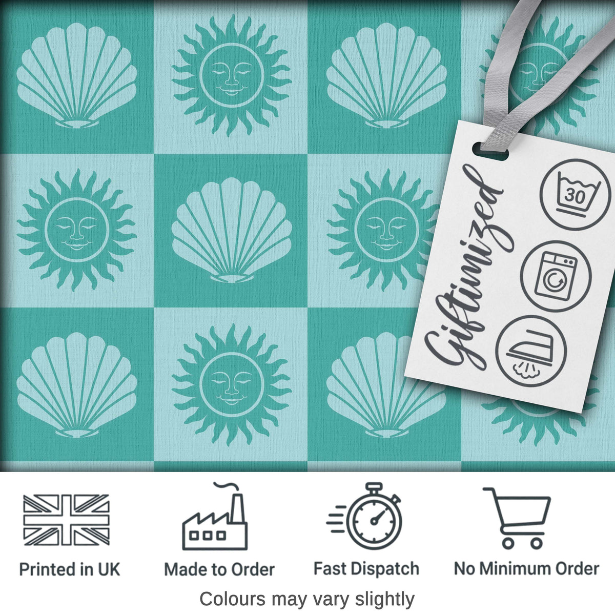 Teal Sun and Seashell Checkerboard Coastal Style Seamless Pattern Digital Print Fabric by the Metre UK Sewing Quilting Textile