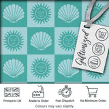Teal Sun and Seashell Checkerboard Coastal Style Seamless Pattern Digital Print Fabric by the Metre UK Sewing Quilting Textile