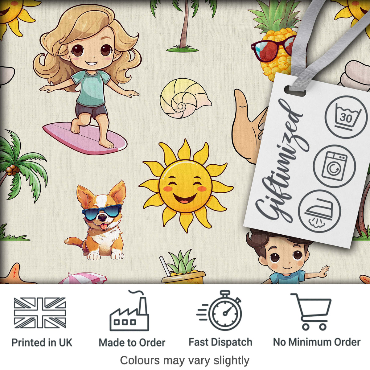 Cute Summer Beach Cartoon Kids Surf Pineapple Dog Seamless Pattern Digital Print Fabric by the Metre UK Sewing Quilting Textile