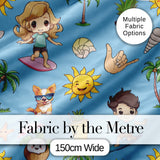Cute Summer Beach Cartoon Kids Surf Pineapple Blue Background Seamless Pattern Digital Print Fabric by the Metre UK Sewing Quilting Textile