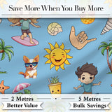 Cute Summer Beach Cartoon Kids Surf Pineapple Blue Background Seamless Pattern Digital Print Fabric by the Metre UK Sewing Quilting Textile
