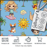 Cute Summer Beach Cartoon Kids Surf Pineapple Blue Background Seamless Pattern Digital Print Fabric by the Metre UK Sewing Quilting Textile