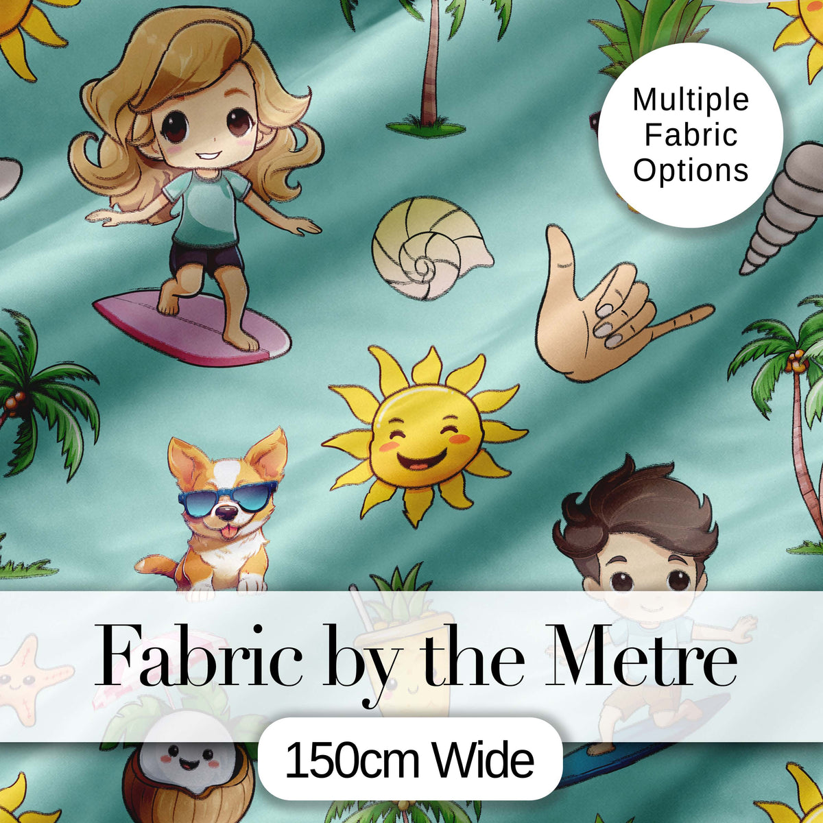 Cute Summer Beach Cartoon Kids Surf Pineapple Mint Background Seamless Pattern Digital Print Fabric by the Metre UK Sewing Quilting Textile