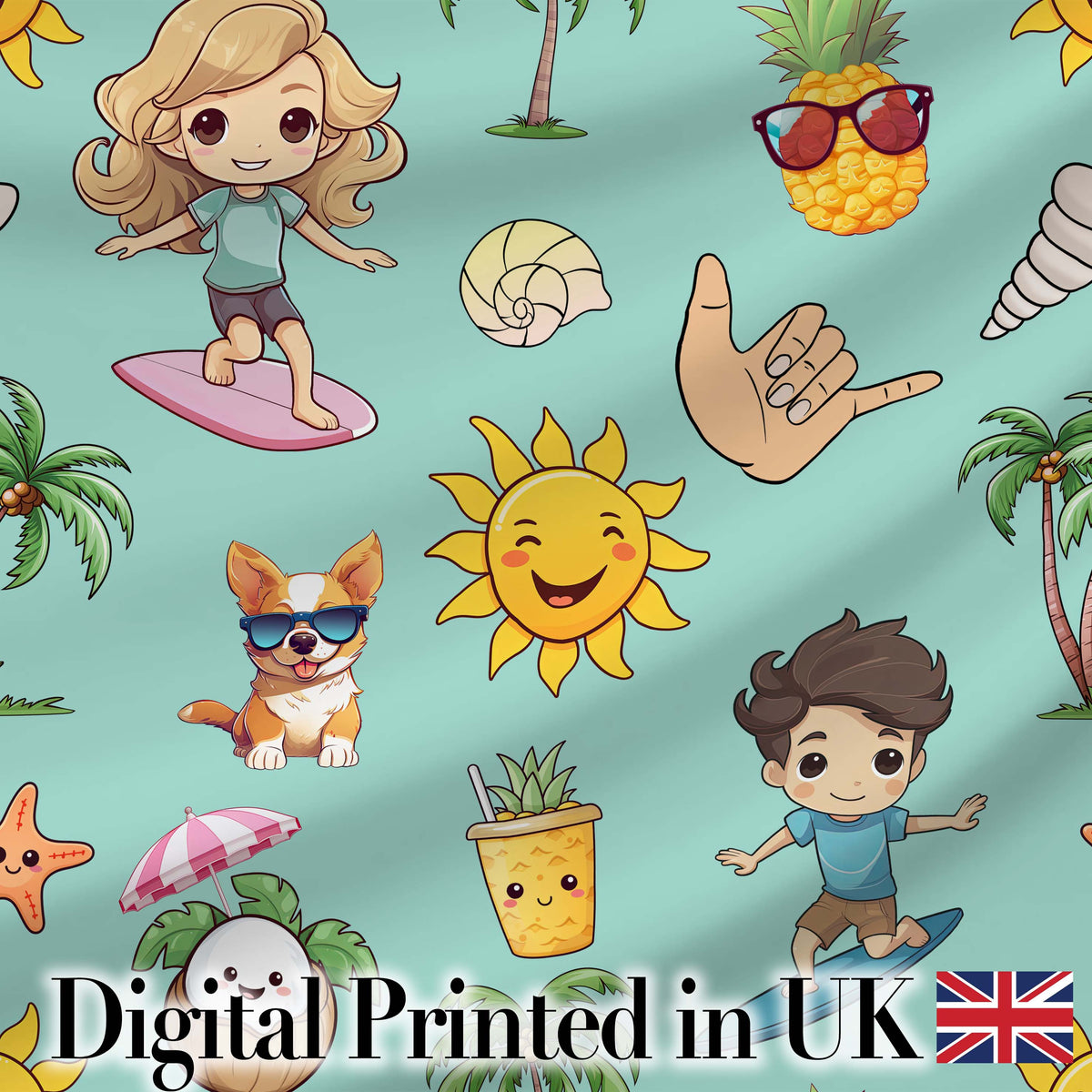 Cute Summer Beach Cartoon Kids Surf Pineapple Mint Background Seamless Pattern Digital Print Fabric by the Metre UK Sewing Quilting Textile