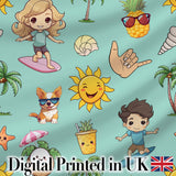 Cute Summer Beach Cartoon Kids Surf Pineapple Mint Background Seamless Pattern Digital Print Fabric by the Metre UK Sewing Quilting Textile